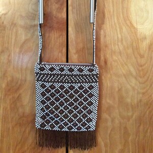Vintage candy dots beaded shoulder bag brown and white candy dots with fringe 1960s shoulder bag hippie boho chic purse