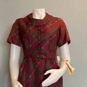 Vintage 1950s new old stock dress with original tags still attached purple plaid print dress with pockets rockabilly belted dress