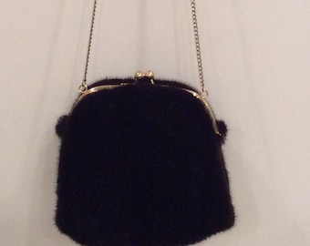 Vintage black mink purse muff combination long gold chain black fur handbag mink gift for her winter purse wedding gift for her