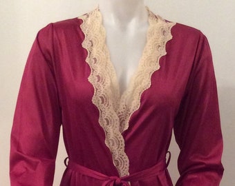 Vintage robe and gown set magenta lace trim deep vneck sexy negligee set 1960s 1970s nylon made in USA
