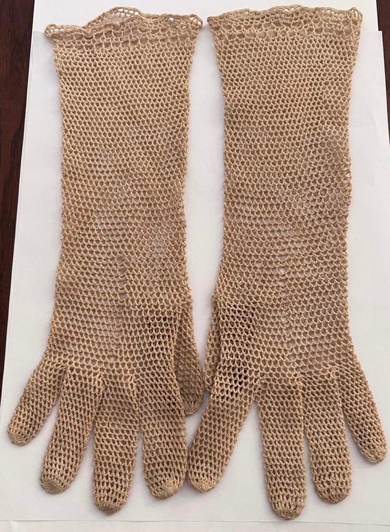 Antique gloves beige crocheted long gloves 1910s 1