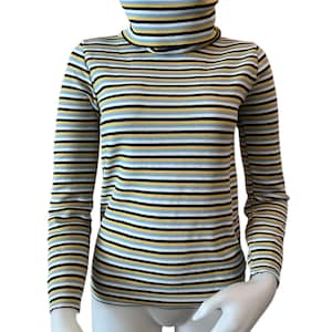 Vintage funnel neck turtleneck top long sleeve blue white yellow stripe 1960s 1970s teen fashion 1970s womenswear
