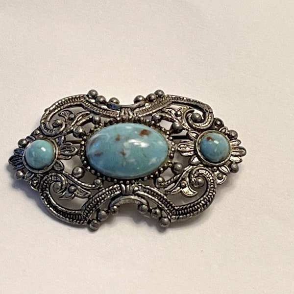 Vintage brooch antique look Victorian Revival silver faux turquoise antique silver look ornate lapel pin unsigned beauty