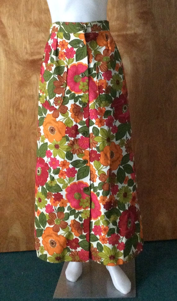 Vintage maxi skirt 1970’s barkcloth floral print b