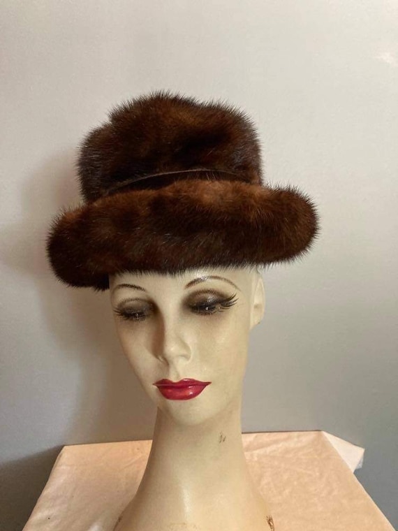 Vintage Mink Hat 1960s Ranch Mink Hat Brown Velvet Ribbon  display picture 3