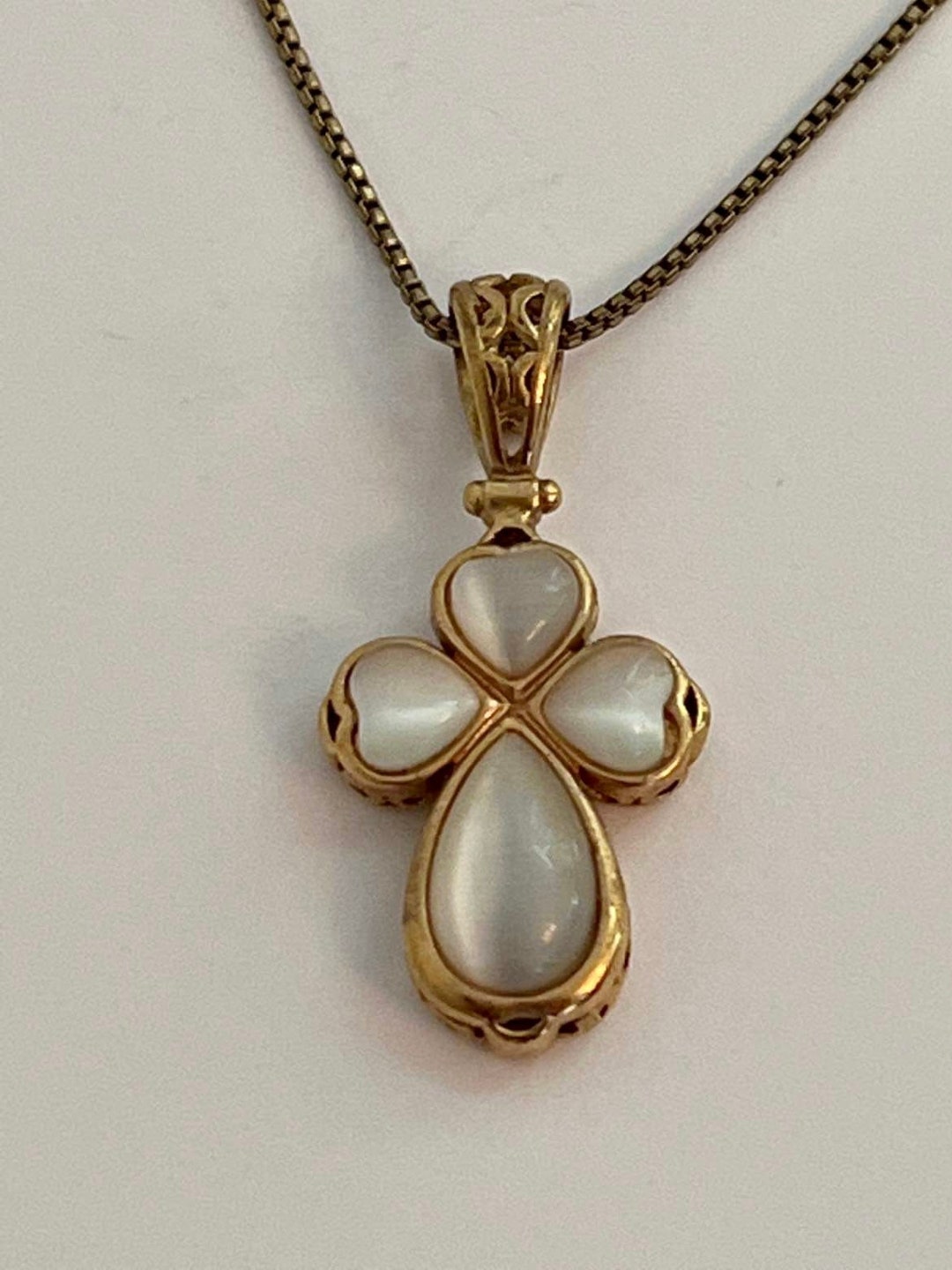 Vintage AVON NR Gold Cross Pendant Reversible Faux Moonstone Filigree