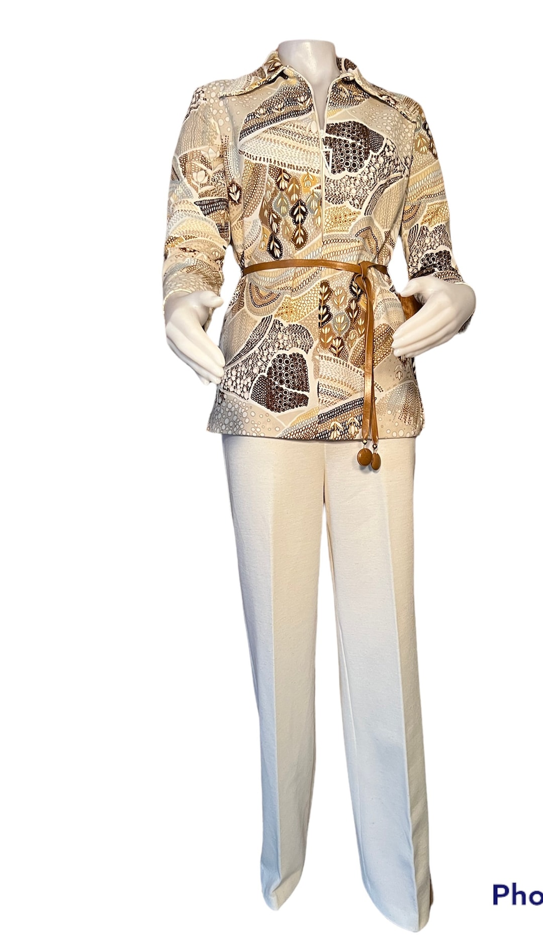 1970s Mod Pantsuit Tunic Top Zipper Neckline Brown Abstract Floral