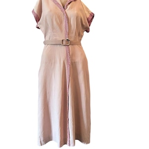 Vintage waitress uniform dress 1940s 1950s pink with red and white checked trim diner waitress dress theater costume