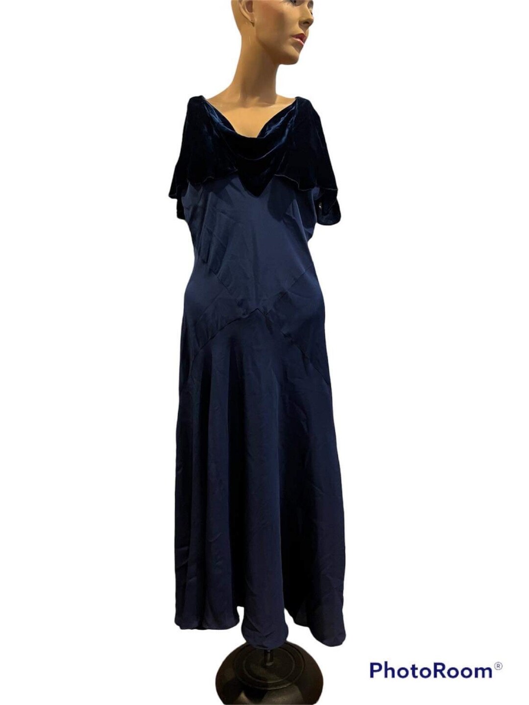 1930s Dark Blue Dress With Attached Silk Velvet Cape and Draped