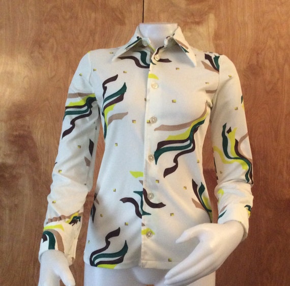 Vintage 1970s Blouse Givenchy for Chesa Polyester Abstract Ribbon