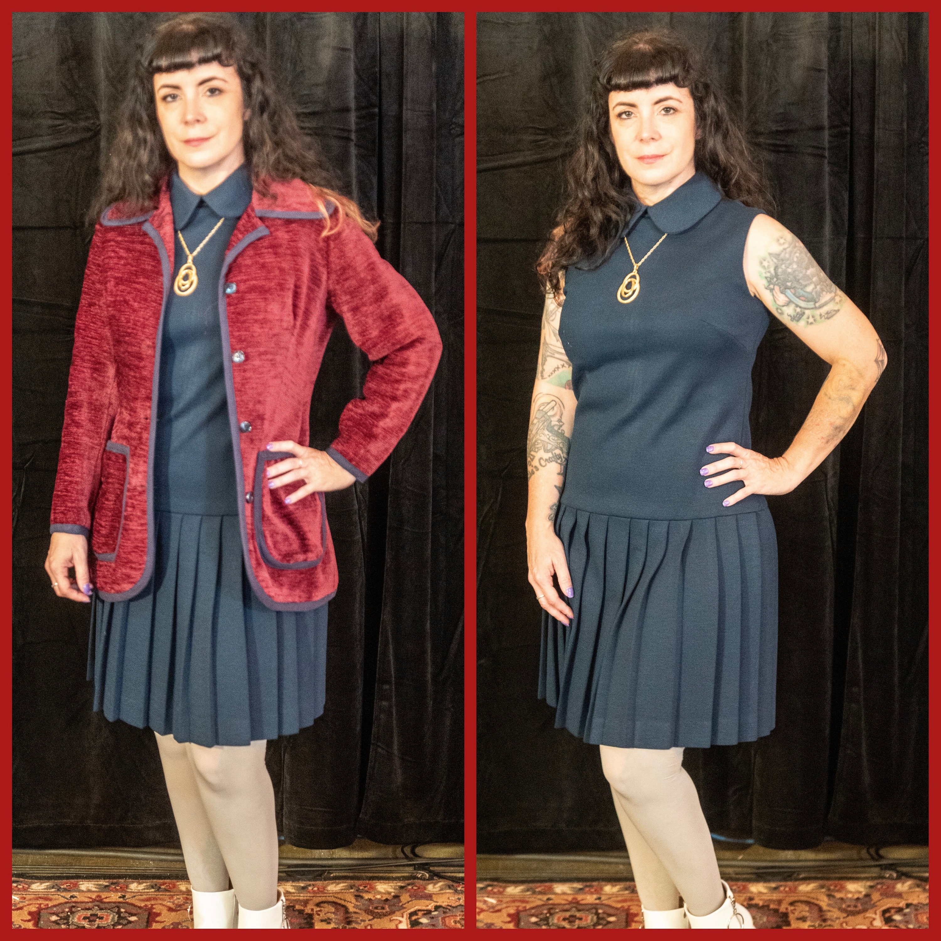 60s -70s Jewelry – Necklaces, Earrings, Rings, Bracelets 1960S Dress With Jacket Dark Blue Drop Waist Pleated Skirt Peter Pan Collar Sleeveless Red Chenille Pockets $115.00 AT vintagedancer.com