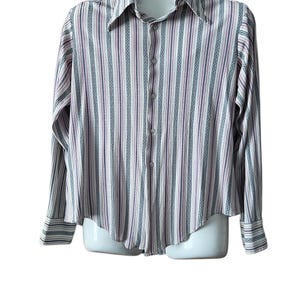 1970s mens long sleeve shirt by Designers Choice size large 16-16 1/2 pink blue white stripe disco shirt