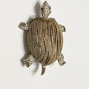 Vintage turtle brooch by Capri gold rhinestones red rhinestone eyes rare unique figural brooch collectible jewelry