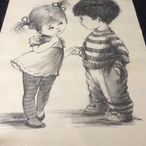 May include: A black and white pencil drawing of a girl with pigtails and a boy. The girl is wearing a dress and tights, and the boy is wearing a striped shirt and pants. The girl is holding her finger to her lips, and the boy is looking at her.