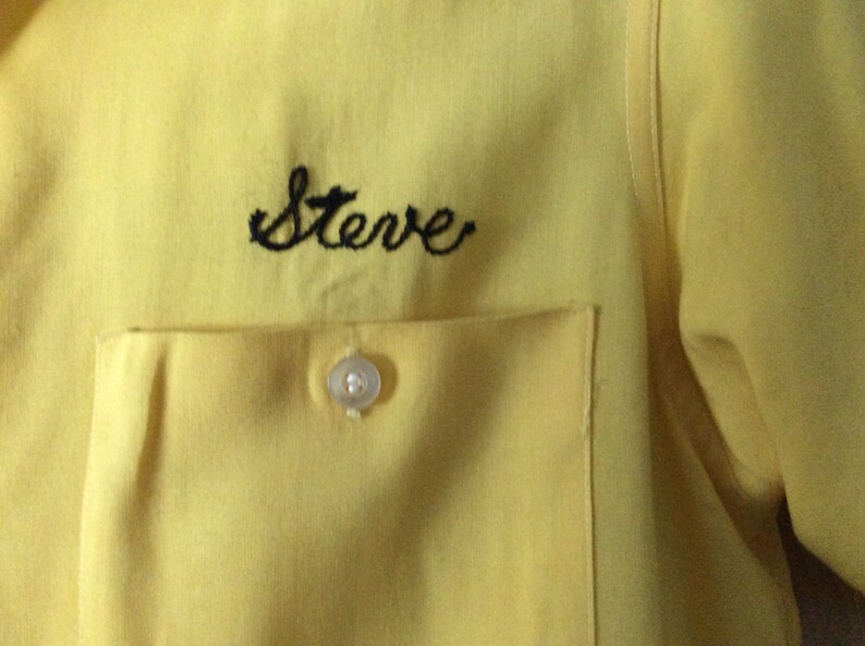 Vintage men\u2019s bowling shirt 1950\u2019s Amberley rayon size medium yellow embroidered Steve embroidered back rockabilly theater costume