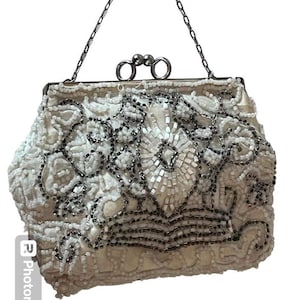 Antique 1920s beaded Art Deco purse white and silver beads with interesting clasp dance purse evening bag vintage bride antique bridal