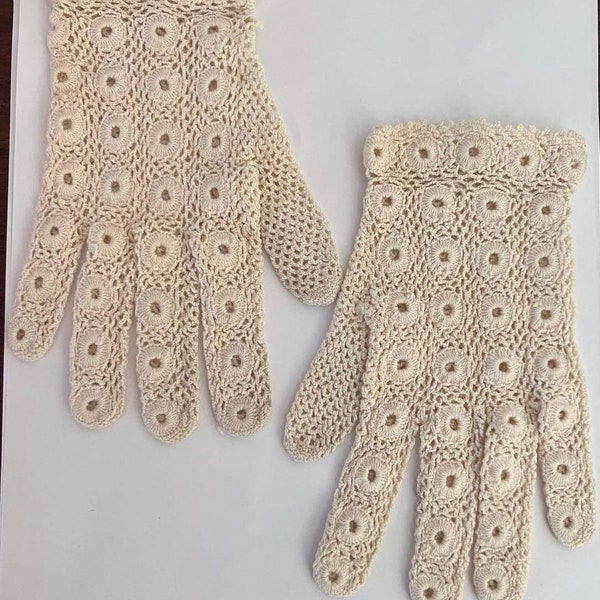 Vintage crocheted mesh gloves cream color off white open work circles Edwardian Victorian summer gloves garden party