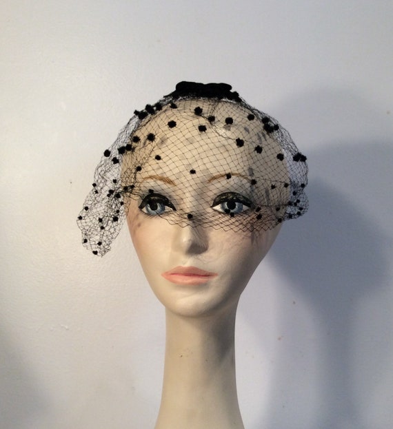 Vintage whimsy flocked black mesh velvet bows fas… - image 1