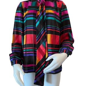 Vintage bold stripe blouse with attached ties SETIAGE made in USA Brownstone Studio multicolor stripes long sleeve