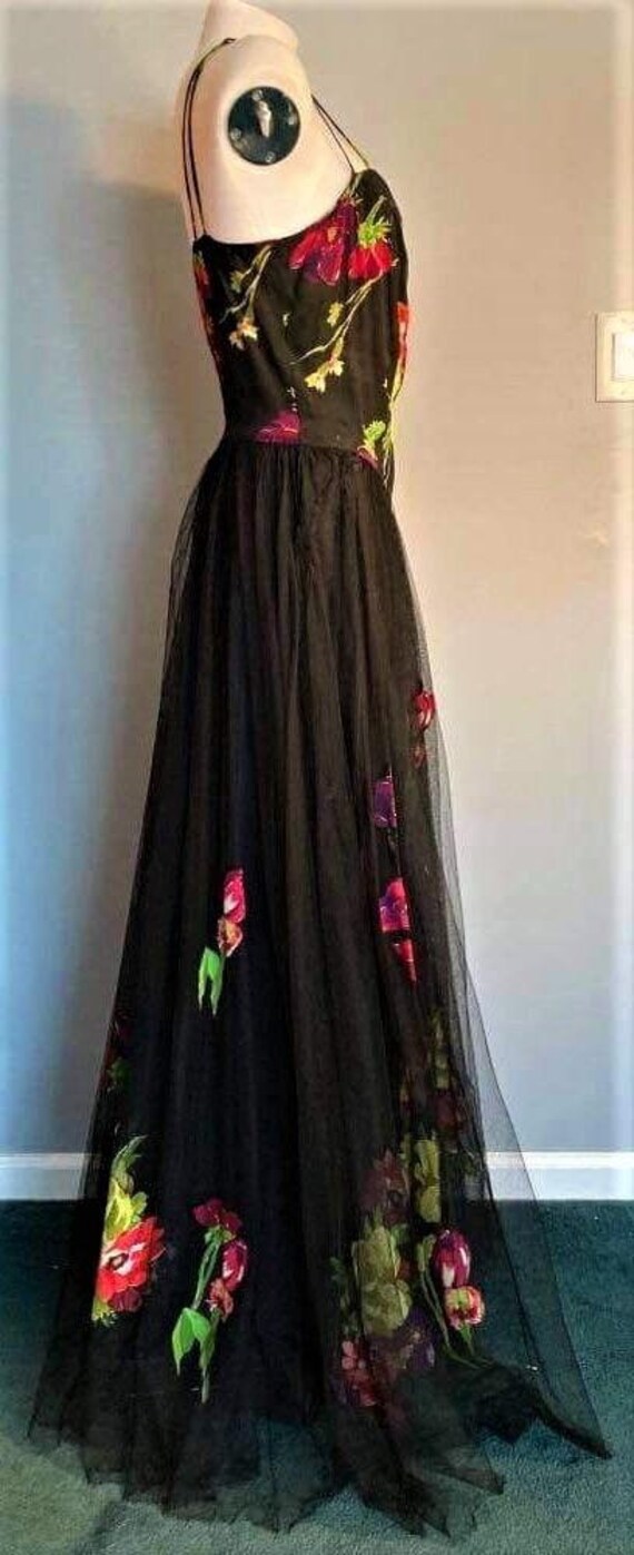 Vintage gown 1930s 1940s black floral print silk … - image 7