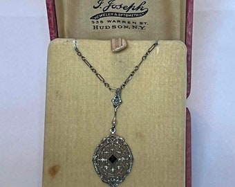 1920s 10K white gold filigree pendant with sapphire and pearl paper clip chain in original store display box Art Deco necklace