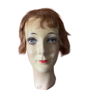 Vintage female mannequin head made in Germany woven hair painted face plaster over wood 1930s 1940s hat display store display