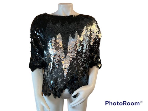 Vintage 1980s sequin top black silk with sewn on … - image 1