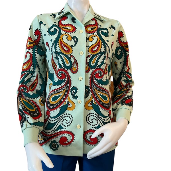 Vintage blouse Jane Colby Original button front top 1960s 1970s green paisley print long sleeve shirt mod fashion top