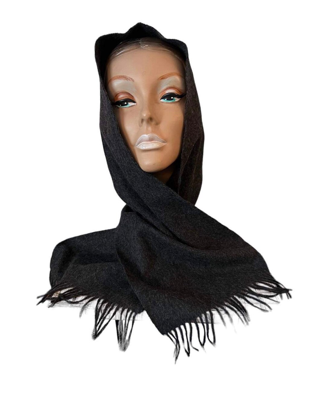 Vintage Winter Hat With Attached Scarf Dark Gray Wool Blend With Fringe