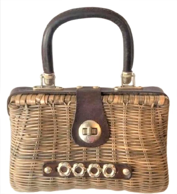 Vintage Woven Wicker Purse With Leather Trim and Gold