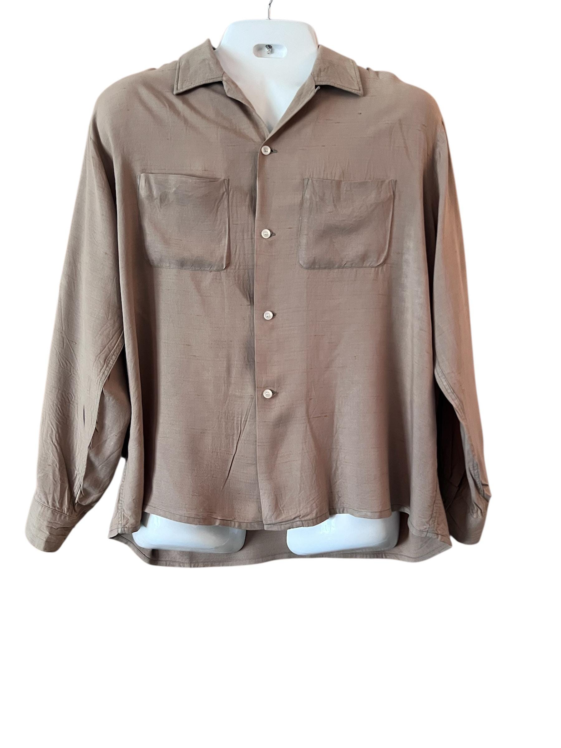 トップス 40s vintage cotton rayon shirt Men's Small 1940s Rayon Shirt - Handsome 40s Khaki Tan