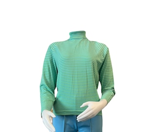 May include: A green and blue striped turtleneck sweater with long sleeves.