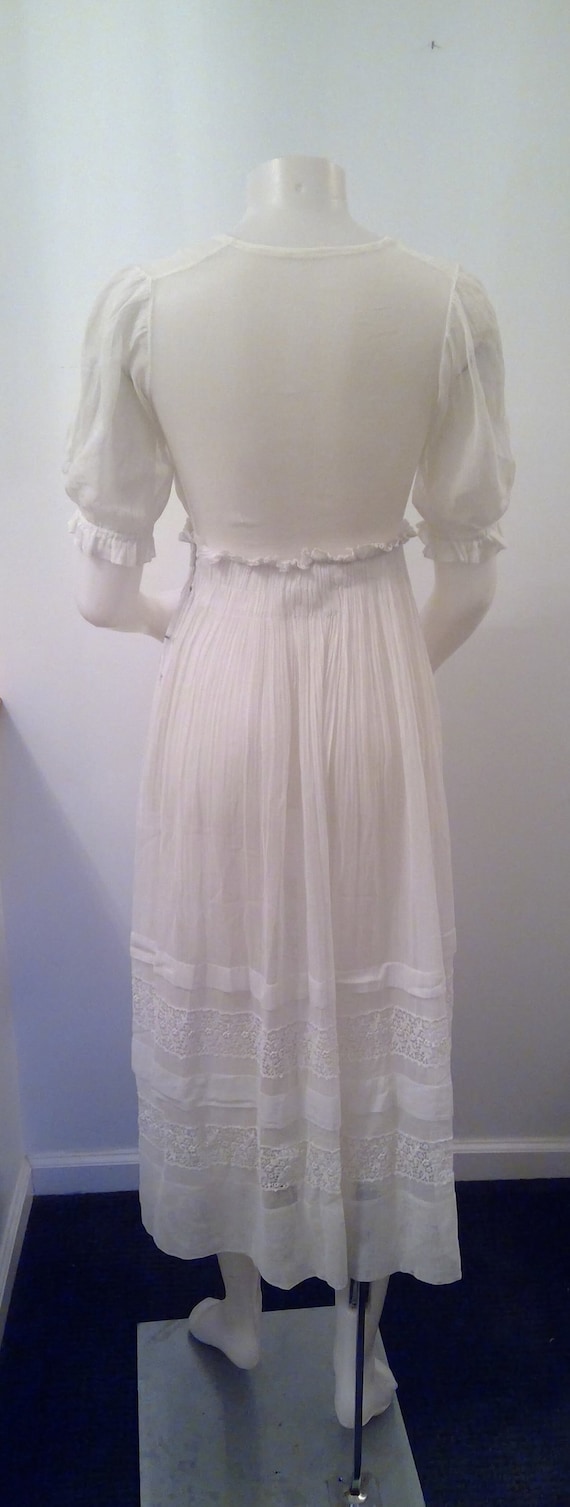 Edwardian Lawn Dress White Cotton Gauze 1910s Lace Insets Edwardian Lawn Dress White Cotton Gauze 1910s Lace Insets