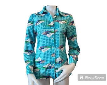 1970s womens blouse novelty print turquoise clouds and sailboats long sleeve polyester mod vintage shirt Susan Scott