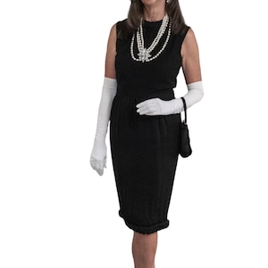 Vintage black dress 1960s 1950s new old stock Calbette sleeveless braided neck and hem Jackie Kennedy style cocktail dress