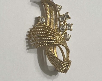 Vintage LISNER brooch gold with rhinestones textured finish unisex brooch lapel pin sparkly brooch