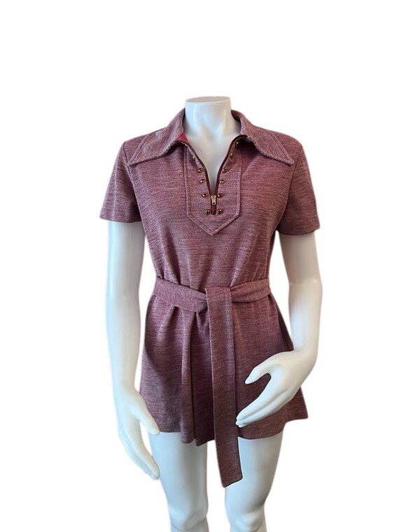 Vintage 1970s womens tunic top with belt red zipp… - image 1