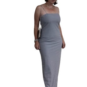 Vintage 1970s gown dove gray with silver glitter border vintage prom mother of the bride gala formalwear vintage gown spaghetti strap