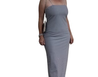 Vintage 1970s gown dove gray with silver glitter border vintage prom mother of the bride gala formalwear vintage gown spaghetti strap