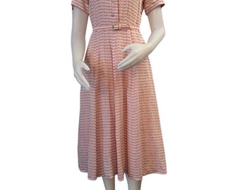Vintage dress 1950s day dress by Miss Berkshire cotton rhinestone buttons belted panel skirt pink/red stripes shirt sleeve rockabilly