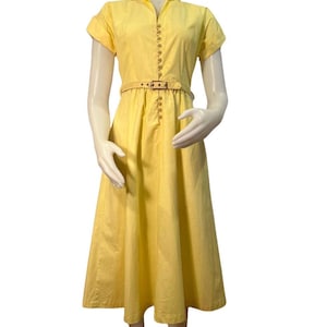 Vintage yellow cotton dress 1950s shirt dress button front short sleeve full skirt spring summer dress rockabilly