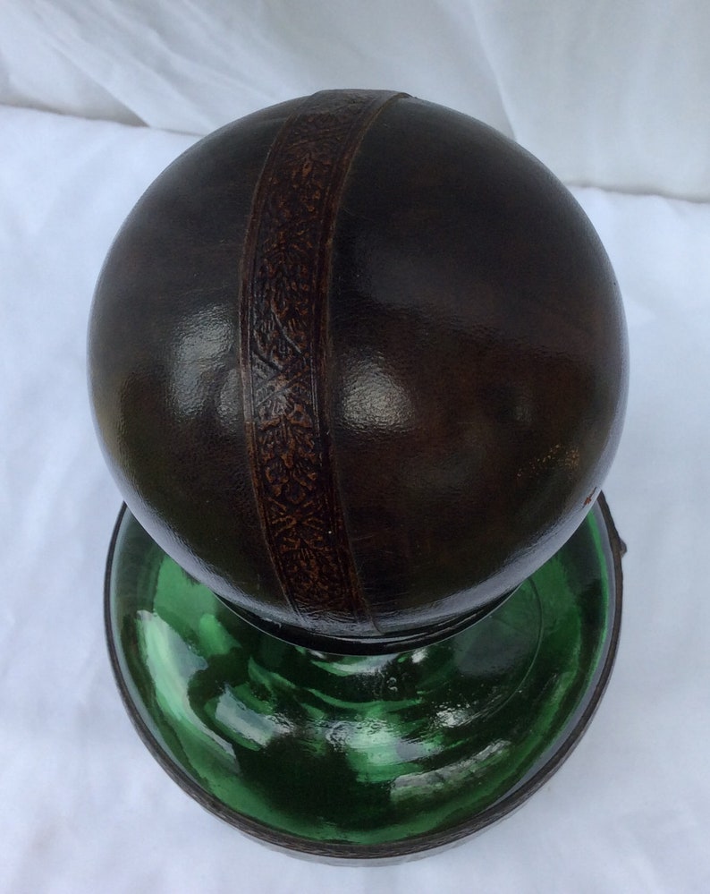 Green Glass Carafe Vintage Embossed Leather Wrap Large Leather Etsy