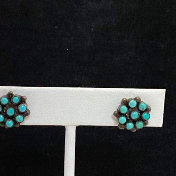 Vintage turquoise earrings sterling silver screwback turquoise floral southwest Native American turquoise earrings