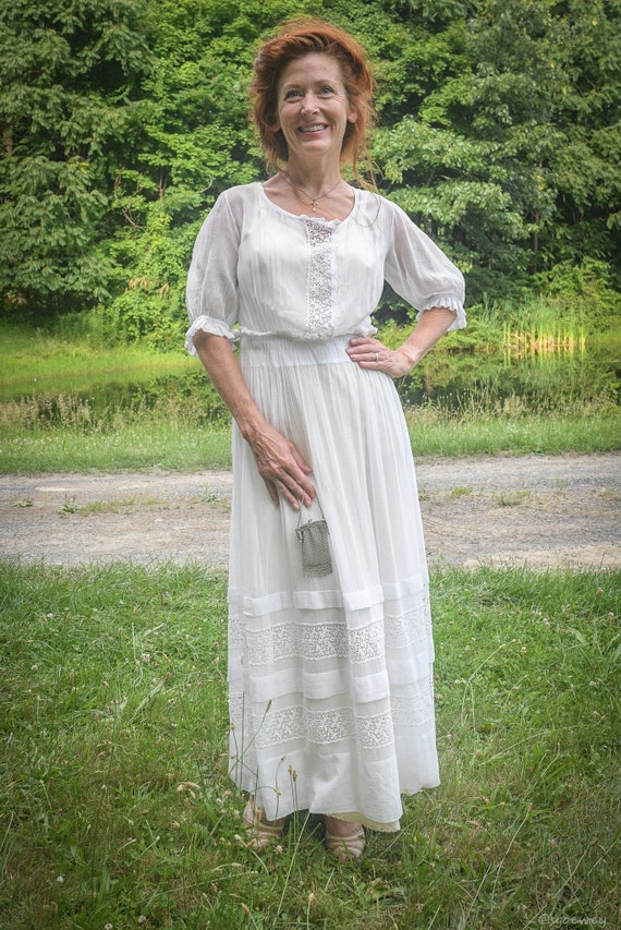 Edwardian Lawn Dress White Cotton Gauze 1910s Lace Insets Puff - Etsy