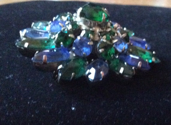 Vintage brooch marquis blue glass marquis green g… - image 5