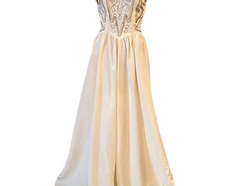 Vintage ball gown champagne satin with gold sequins and braiding strapless peplum back drape 1940s 1950s prom formalwear