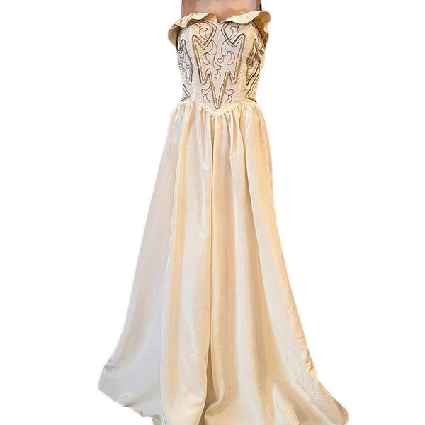 Vintage ball gown champagne satin with gold sequins and braiding strapless peplum back drape 1940s 1950s prom formalwear