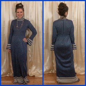 1970s maxi dress gown blue purple silver lurex bell sleeves Exclusively Pearl Ingham disco formalwear party gala prom sparkly dress