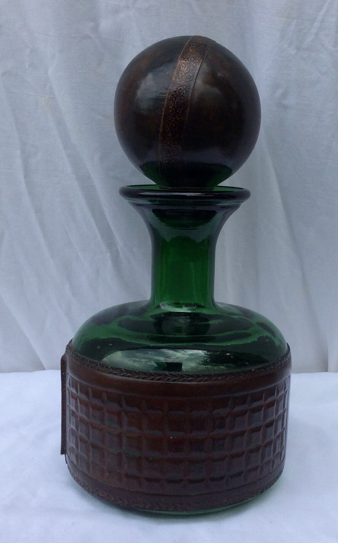 Green Glass Carafe Vintage Embossed Leather Wrap Large Leather Etsy