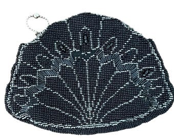 Vintage 1930s Art Deco style dance purse with back strap black and clear glass beads zipper top